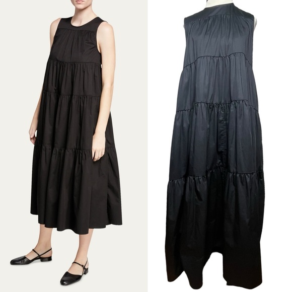 CO Essentials Collection Sleeveless Cotton Tiered Midi Dress Black Pocket Sz Med - Picture 1 of 16